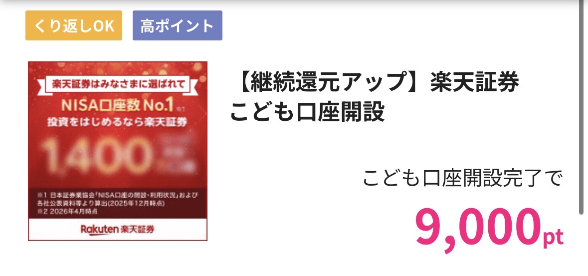 ハピタスの楽天証券こども口座開設の案件画面。こども口座開設完了で9,000pt
